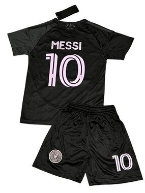 Messi #10 Black Soccer Jersey & Shorts Set with Pink Accents, kids size 16 to 28